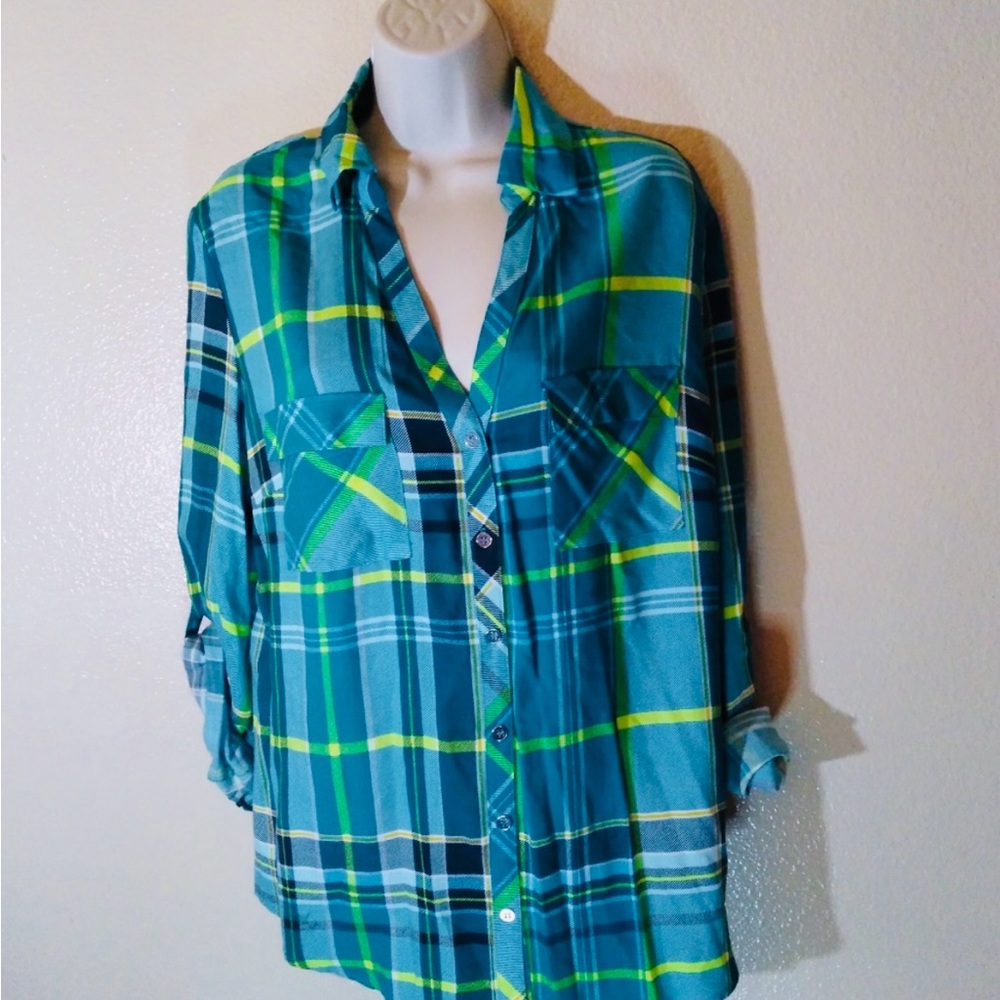 New York & Co. Plaid Blouse Size L NWOT
